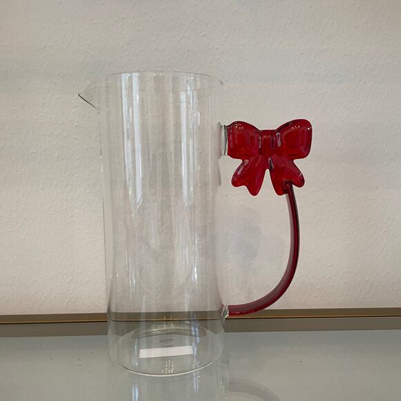 3pc Clear Glass Mugs & Pitcher with Coquette Red Bow Handle Holiday Glam NEW - Picture 6 of 16